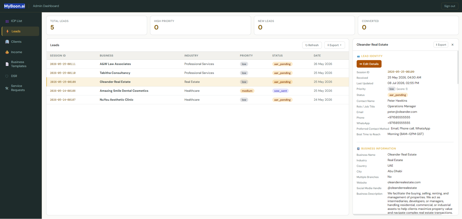 MyBoon.ai lead management platform showing lead lifecycle and PDPL consent tracking