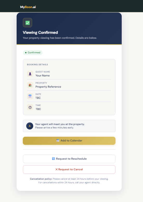 Smart Booking Agent showing a confirmed viewing with reschedule and cancel options