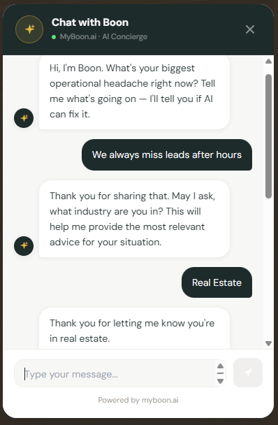 AI Lead Concierge — 24/7 lead qualification chat agent on myboon.ai